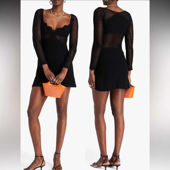NEW Staud Jocelyn Mixed Stitch Crochet Long sleeves black Mini Dress size L - Picture 1 of 7